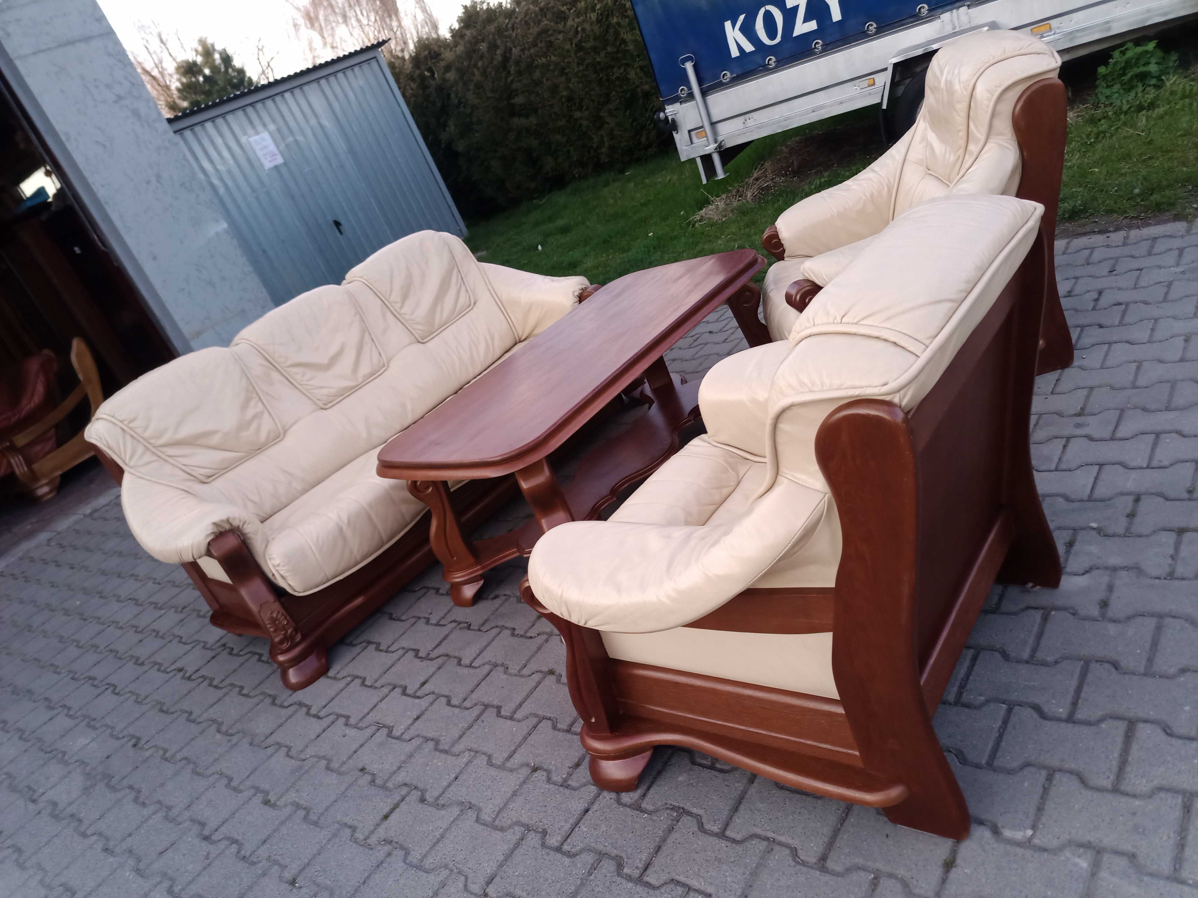 Komplet KLER , Rozkładany 3+1+1 i Ława , dąb - Skóra Krem