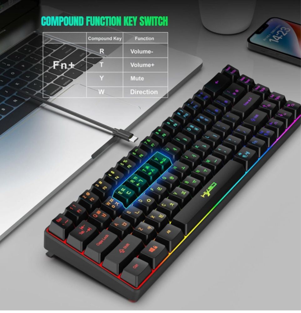 HXSJ V200 Black Міні-ігрова дротова клавіатура з підсвіткою K68 RGB
