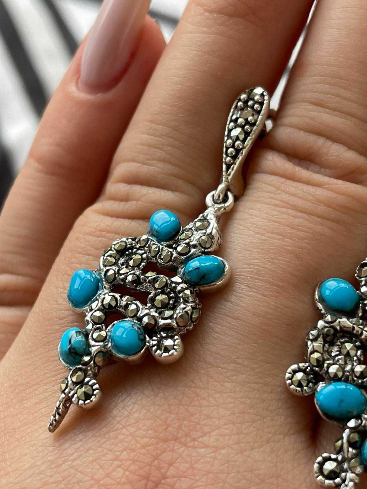 Серебряные серьги с аризонской бирюзой  и марказитом