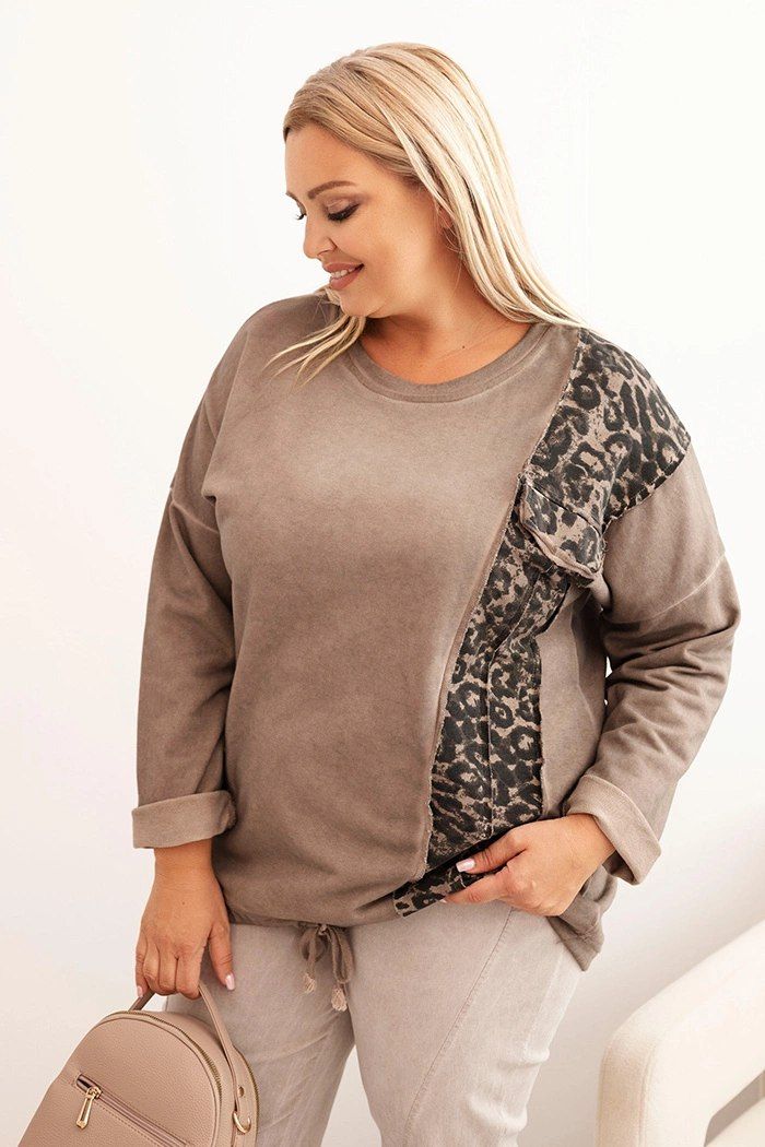 Bluza Plus Size fango z lampasem panterka i troczkiem – oversize