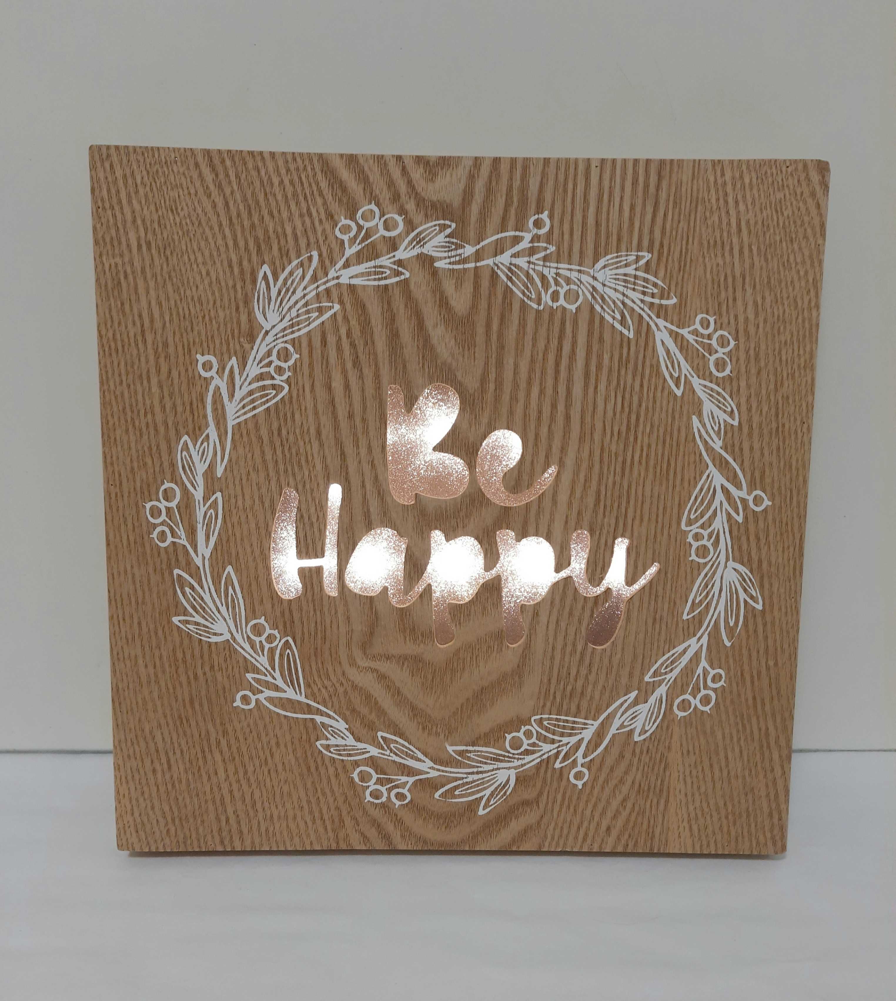 Дерев'яна картина з підсвіткою Be Happy 25х25 см Декор Нічник