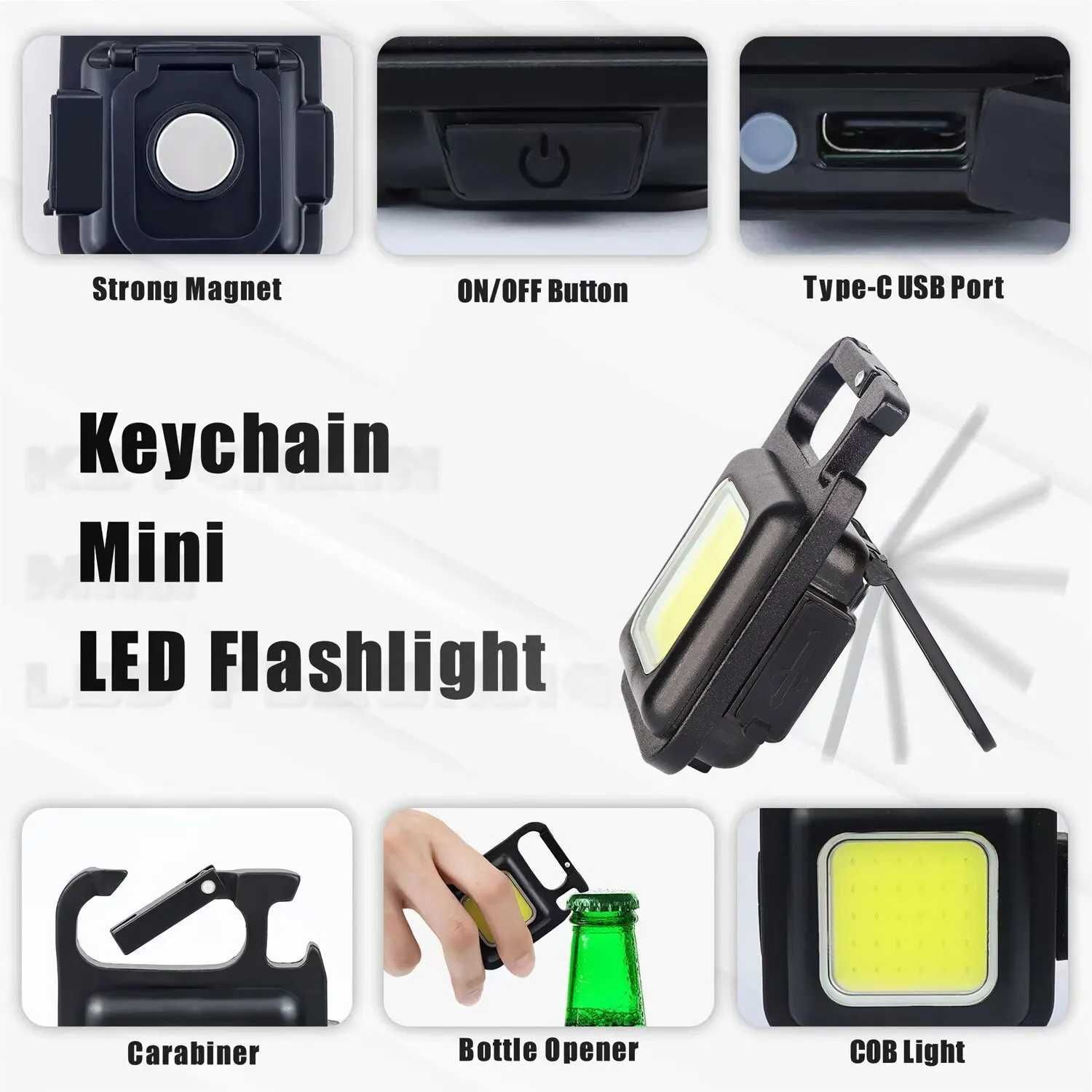 Wielofunkcyjny mini reflektor brelok do kluczy z latarką USB.