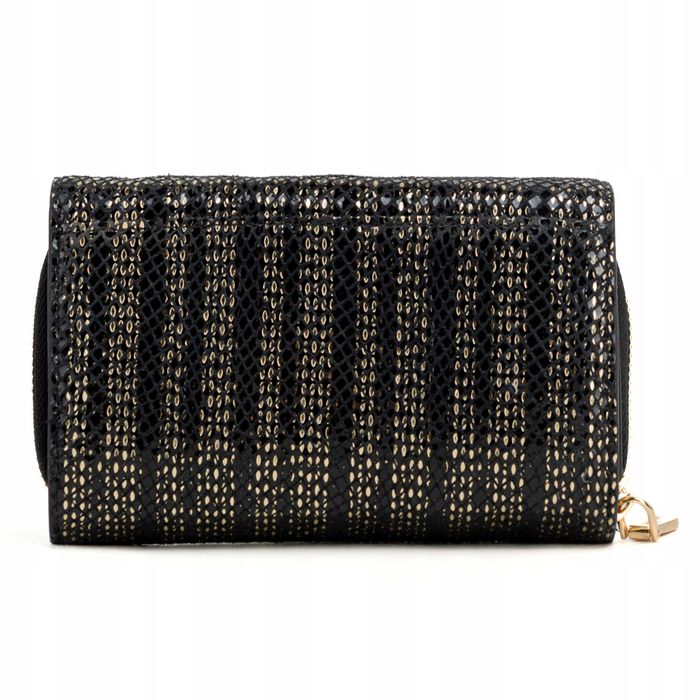 MONNARI Portfel Damski Elegancki Skóra Węża Eko Czarny Złoty Prezent