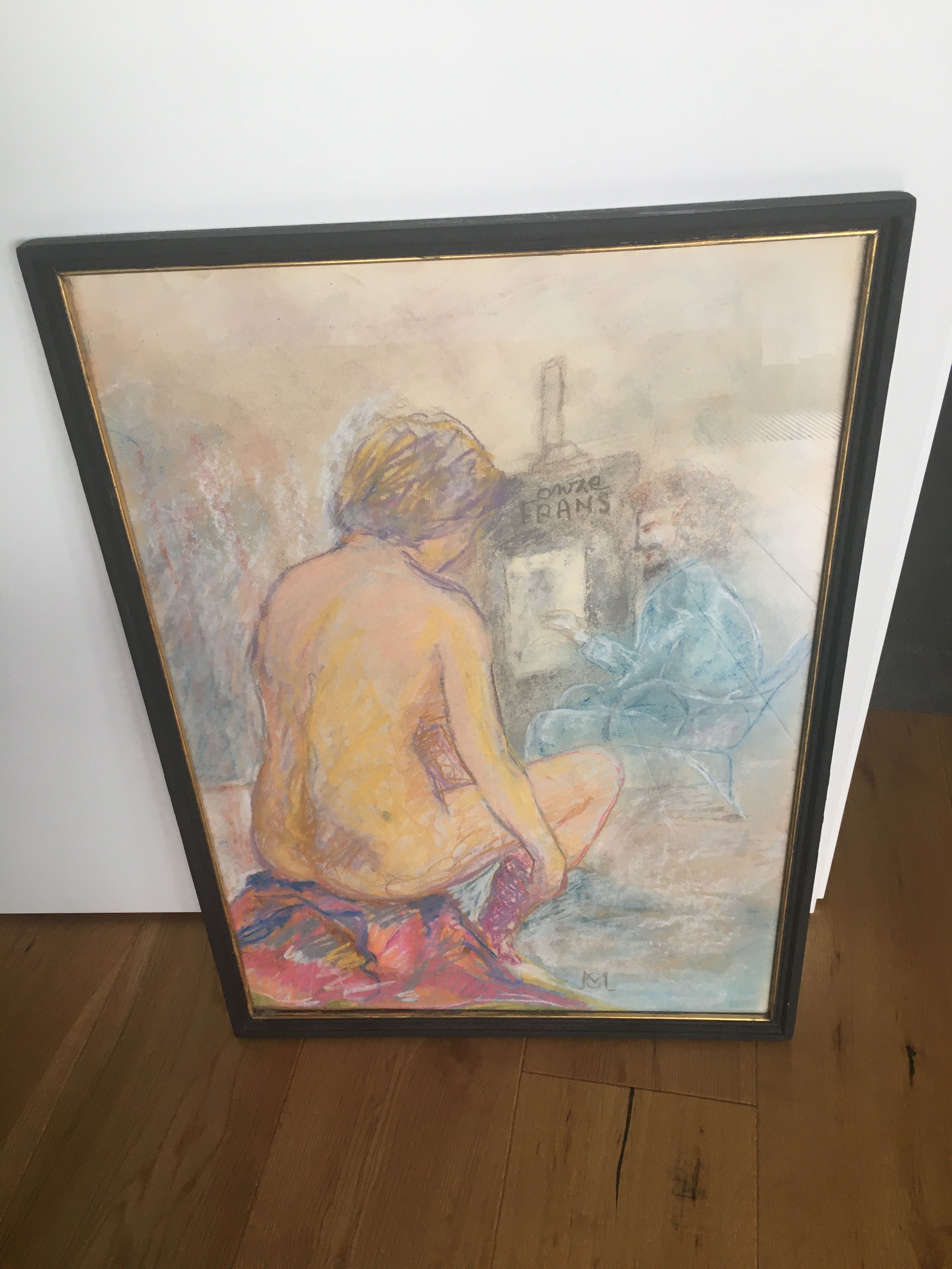 Obraz, portret, akt - pastel za szkłem, vintage, antyk?