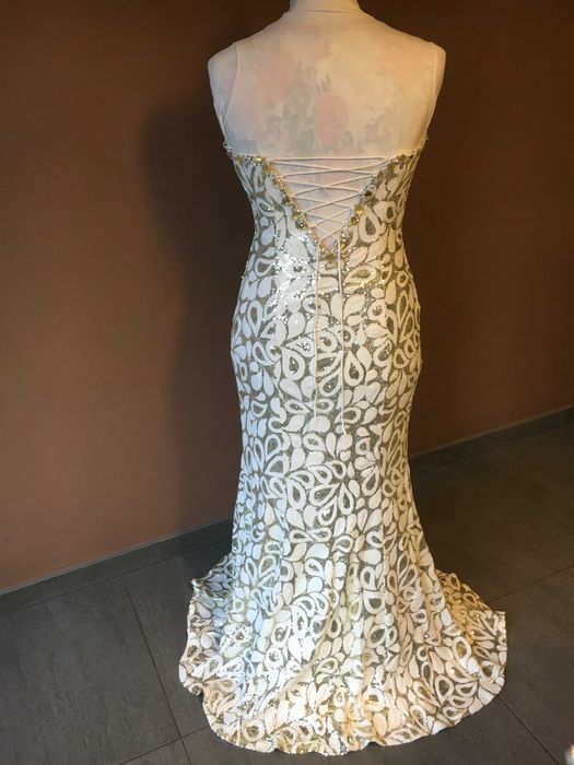 Suknia długa, wieczorowa, cekiny biało-złote, 38/40; używana