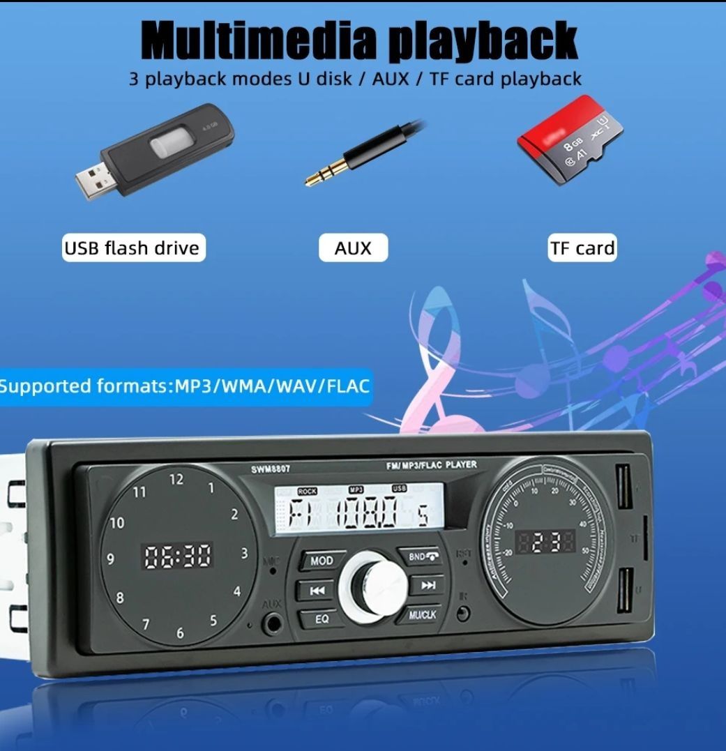 Автомагнітола  SWM 8807  Fm, USB, SD, BT, AUX, MP3 плеєр, часи.