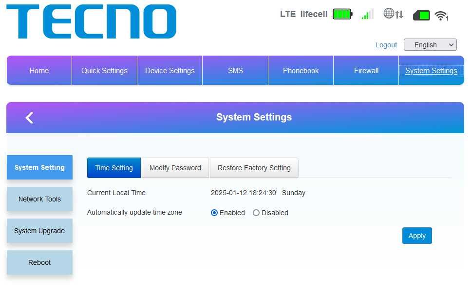 роутер 4G-LTE под сим-карту с LAN портом и аккумулятором Tecno TR210