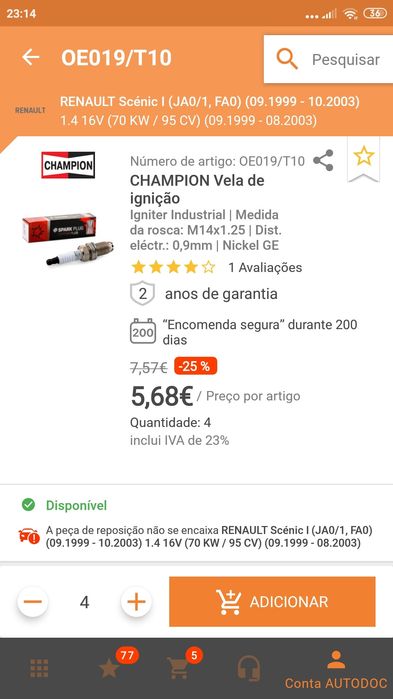 Velas novas para carro