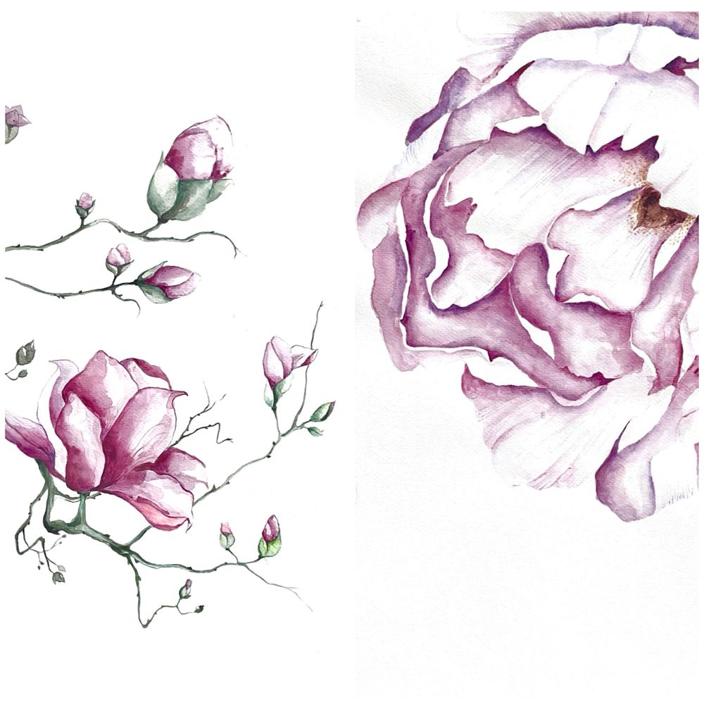 Dwa obrazy ręcznie malowane piwonia magnolia