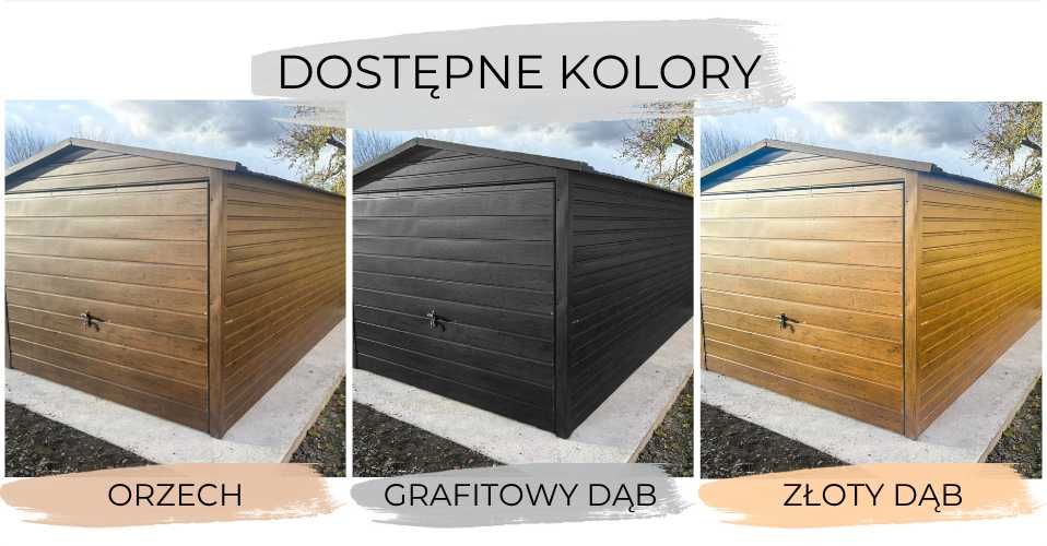 Garaż blaszany 3x5 drewnopodobny dach dwuspadowy brama uchylna obróbki