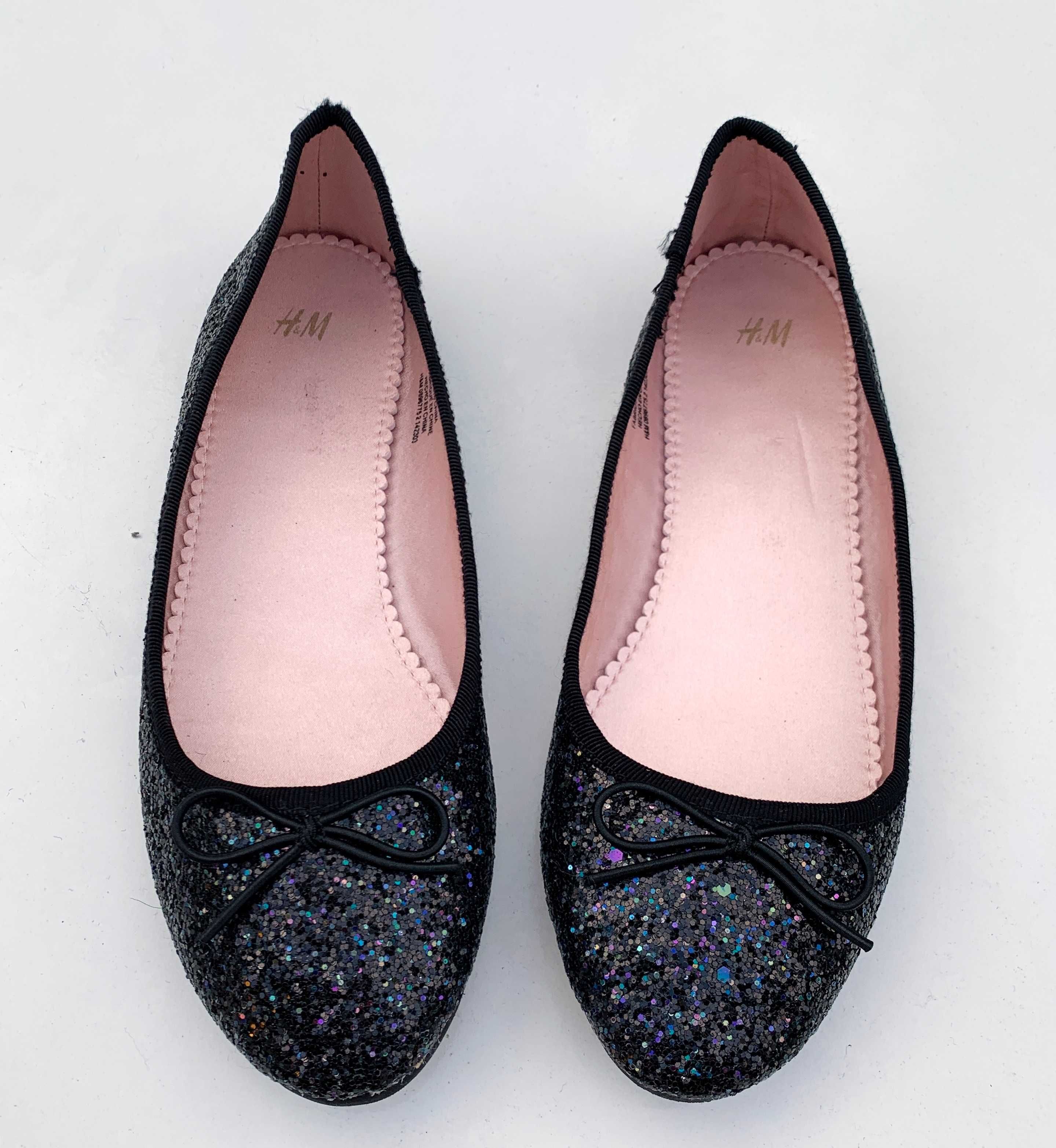 Balerinki H&M Brokatowe Czarne 36 Nowe Kokardki 23,5 cm