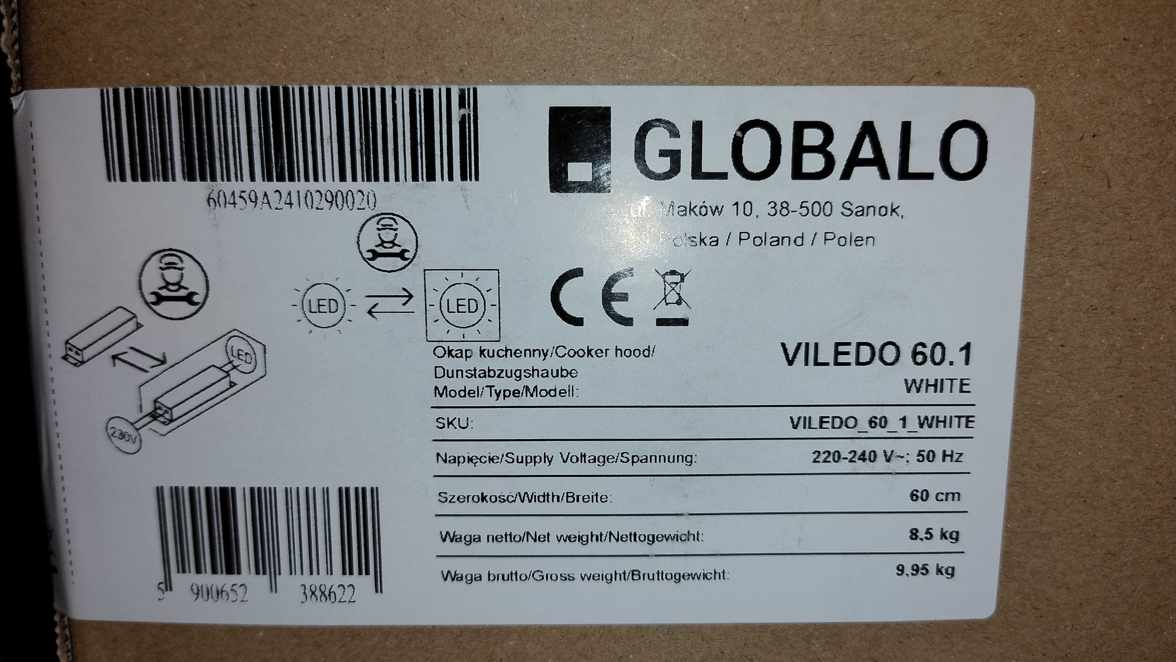 Okap GLOBALO Viledo 60.1 Biały 415m3/h 66dB NOWY