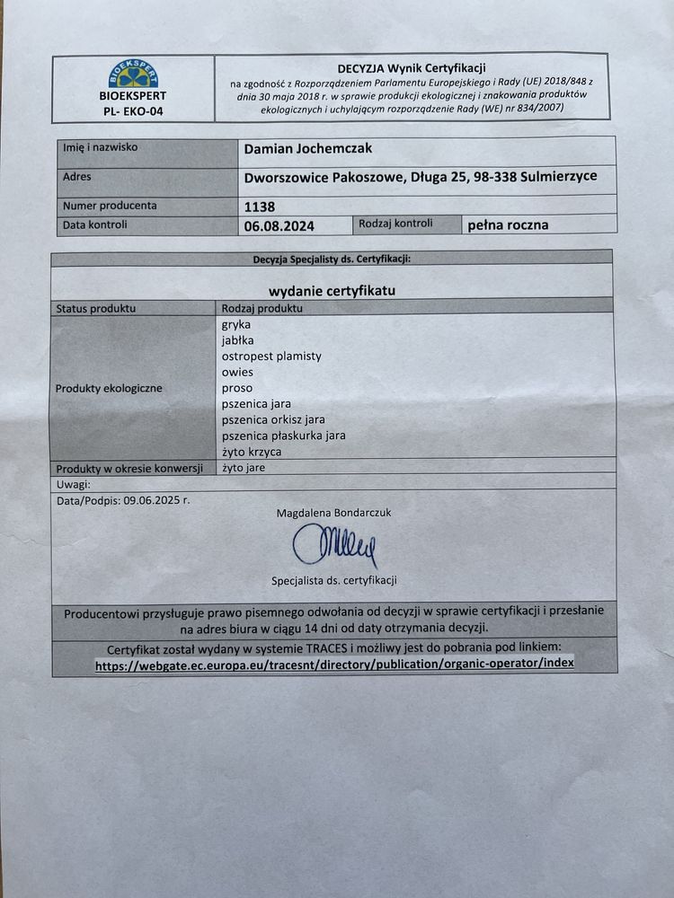 Ekologiczna kasza gryczana certyfikat