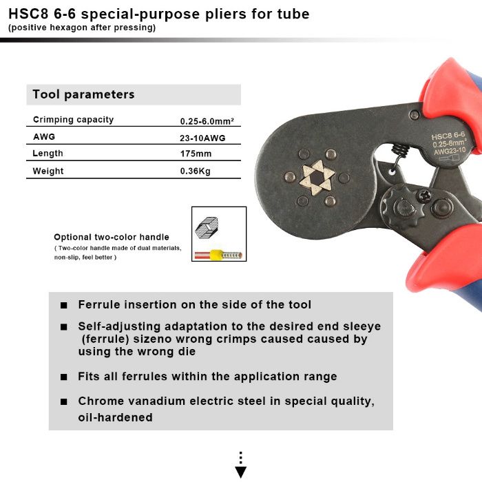 Кримпер 6 кулачков клещи обжимные наконечник 0.25-6мм HSC8 6-6 обжимка