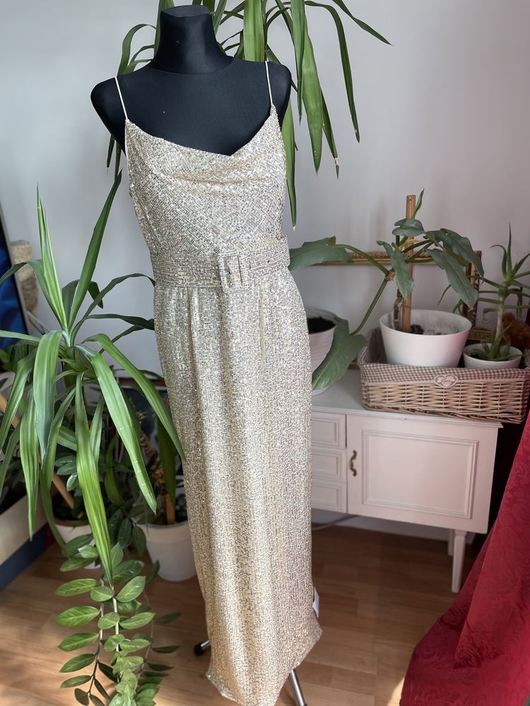 Złota cekinowa sukienka maxi z paskiem L 40 42 xl asos
