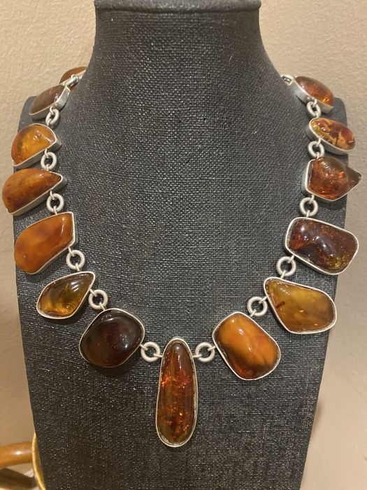 Srebrny naszyjnik z bursztynami duży robiony ręcznie lata 80 inkluzje