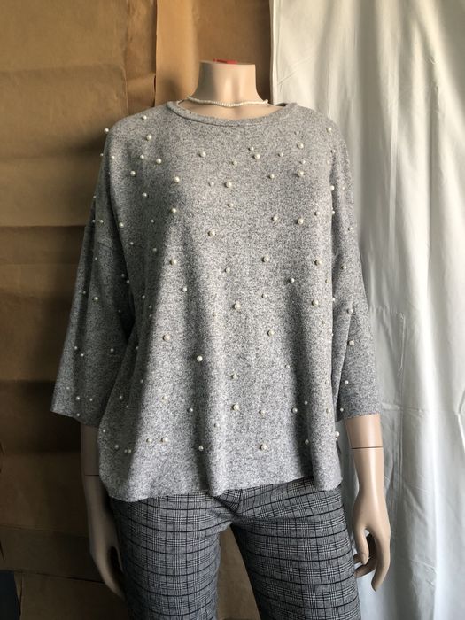 Szary sweterek bluzka rekaw 7/8 perly Zara luźny wiskoza L-2XL