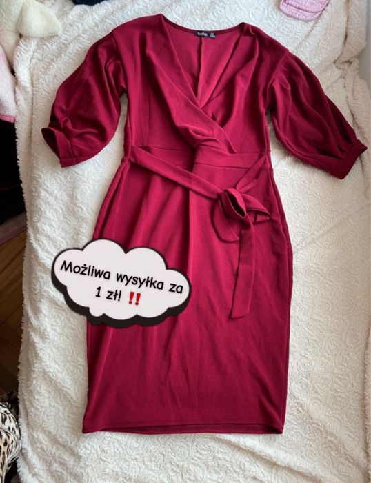 Elegancka sukienka długa wesele komunia boohoo XL/XXL czerwona burgund