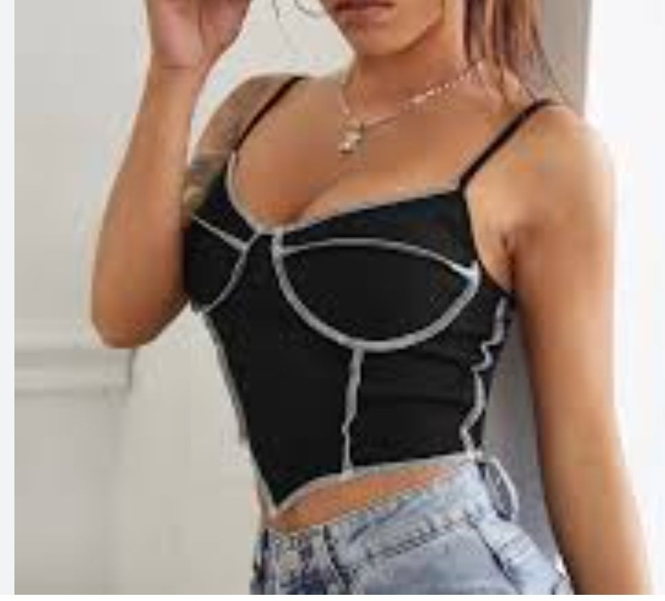 Crop top Shein czarny z kontrastowymi szwami bluzka na ramiączkach