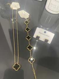 Komplet biżuterii koniczynka czaro złota dwistronna