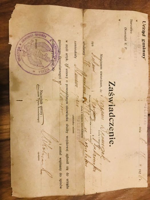 II RP 1926 Zaświadczenie poborowe Wolsztyn – oryginalne,