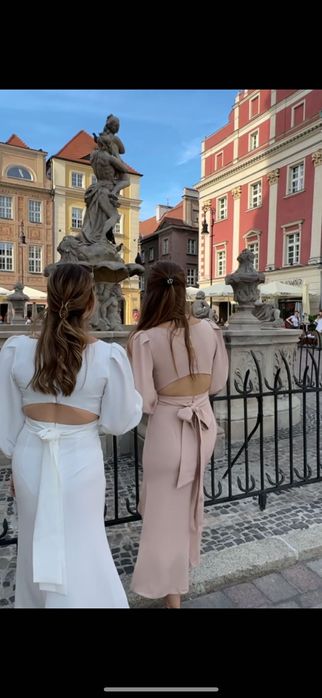 Beżowa midi sukienka kokarda na plecach bufiaste rękawy elegancka 36 S