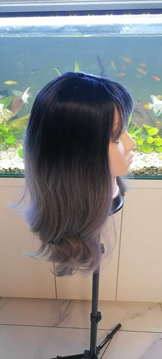 Peruka damska długie ombre czarne popielate włosy