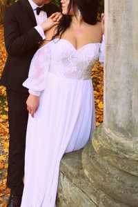 Suknia ślubna bohoo hiszpanka długi rękaw odkryte ramiona zdobienia