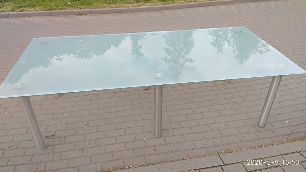 Stół szklany, metalowe nogi, 260x120x74 cm