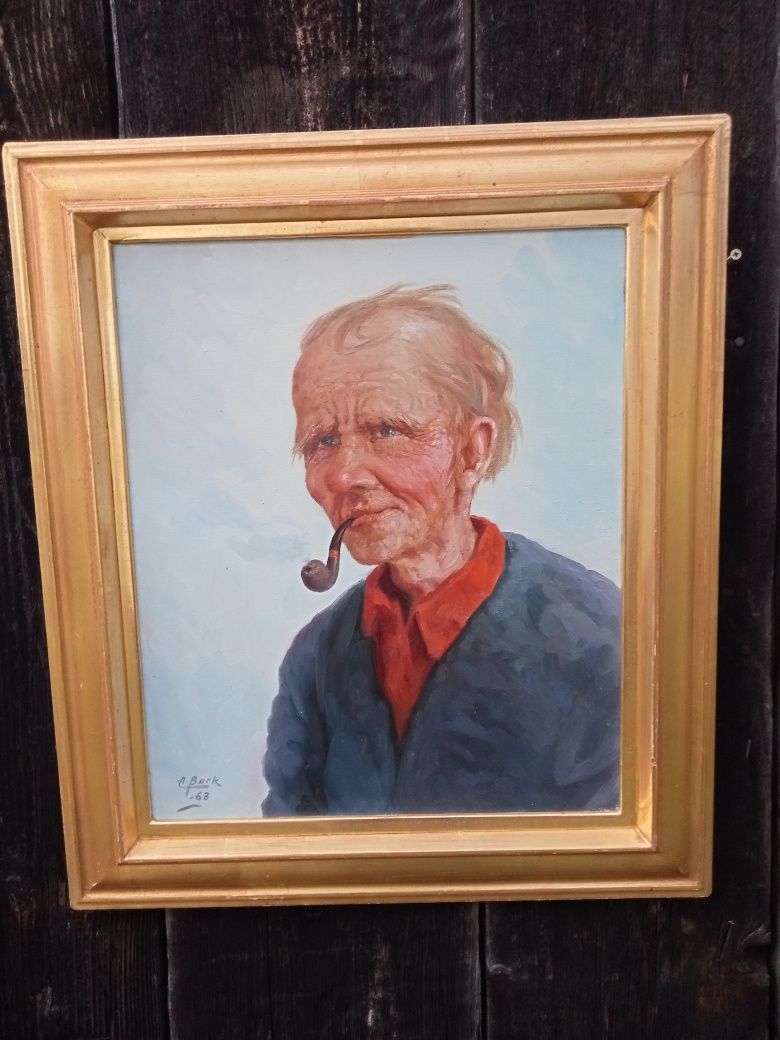 Obraz olejny portret mężczyzna z fajką złota rama