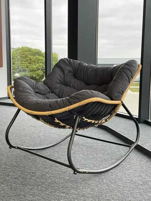 Fotel Bujany Sofa Z Rattanu I Poduszka XXL - Beżowy / Szary 100x100x80