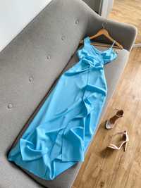 Вечірня блакитна сукня асиметричного крою