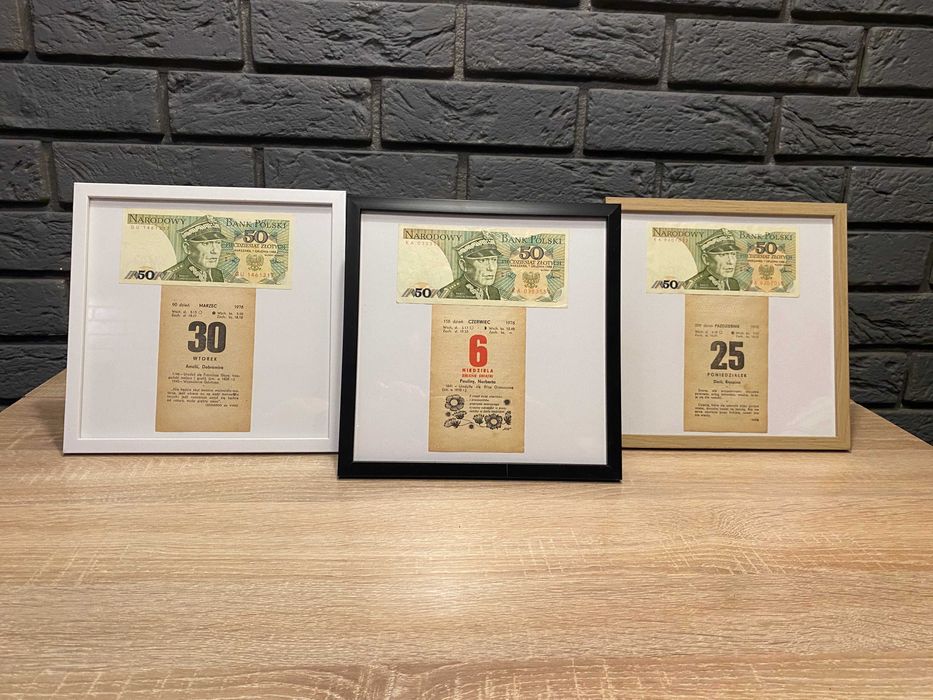 Prezent 50 ROCZNICA, URODZINY, kartka kalendarza 1975r. z banknotem