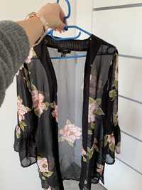 Czarny szlafrok narzutka kimono w kwiaty S/M