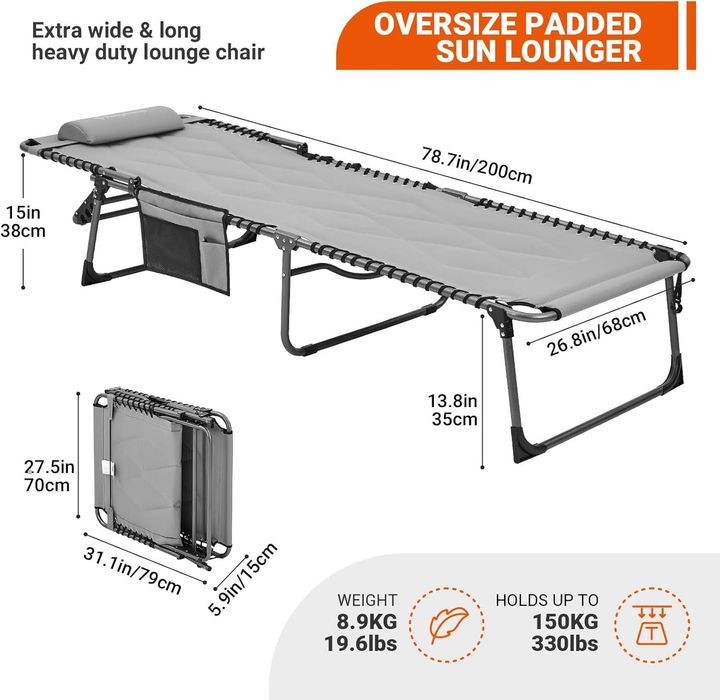 Zestaw 2 leżaków KingCamp składanych z poduszką, 5 pozycji ogrodowe
