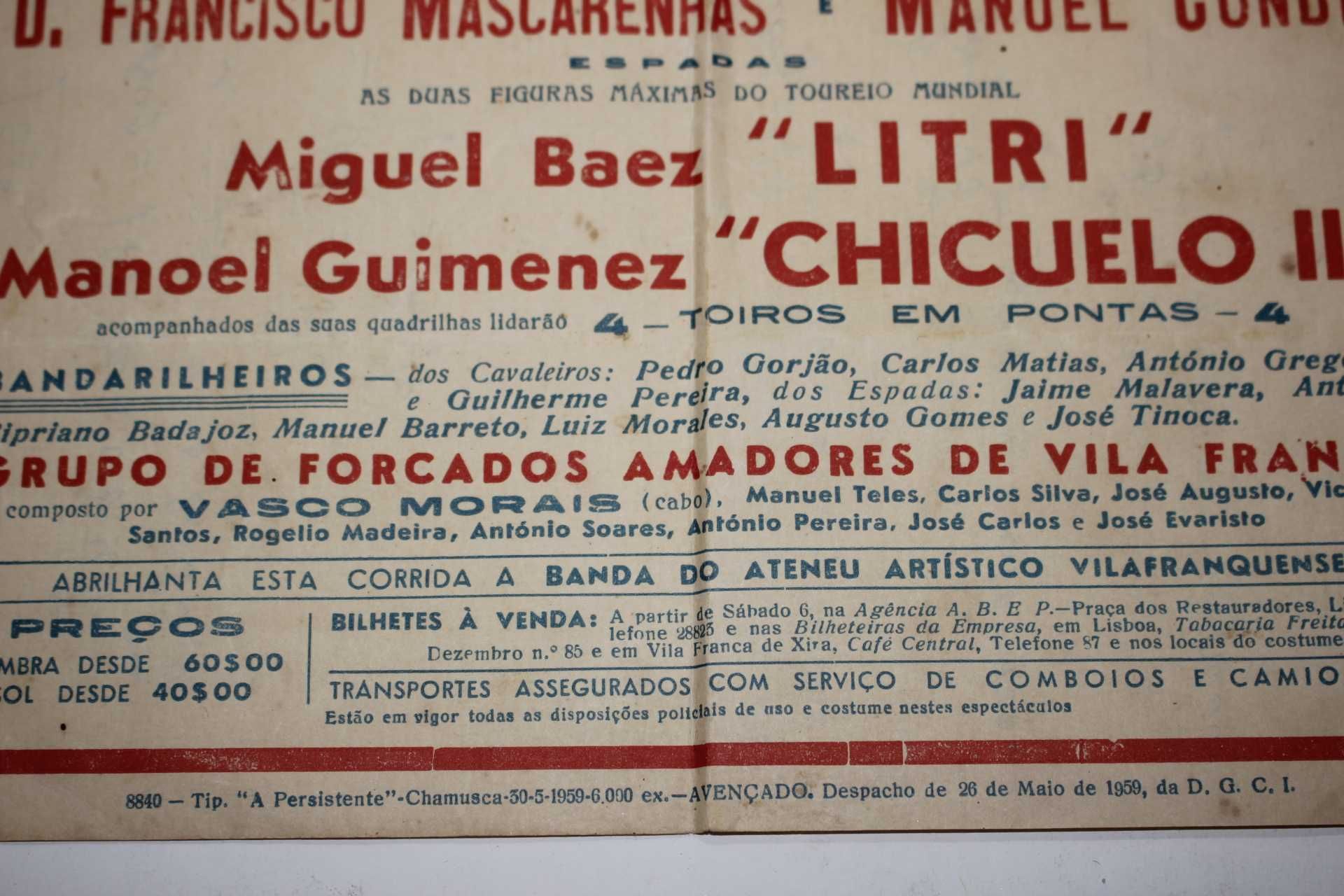 Cartaz Tourada 1959 - Vila Franca Xira - Corrida de Toiros - Forcados