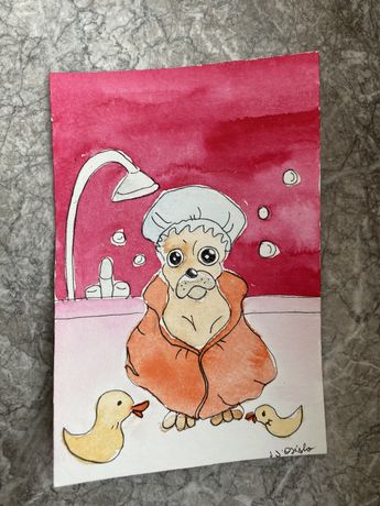 Kartka okolicznościowa mops pies pug kąpuel róż