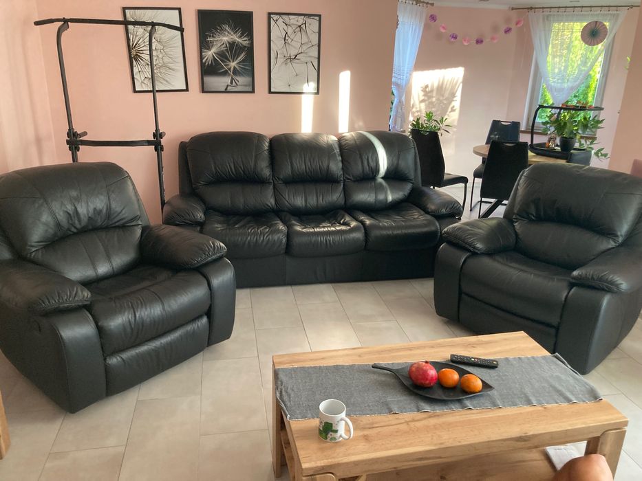 Komplet wypoczynkowy skóra sofa-3 , dwa fotele z funkcją rozkładania