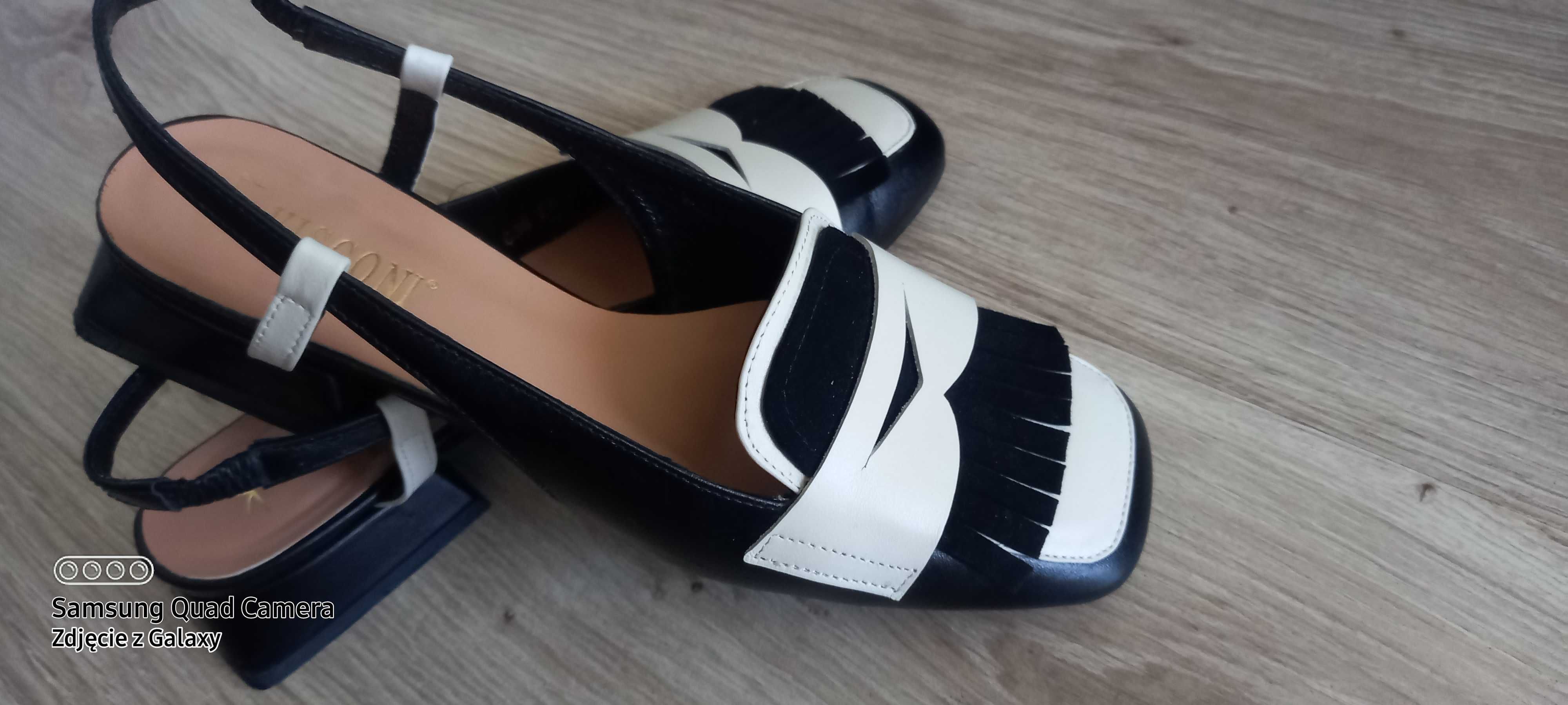 Eleganckie buty czarno - białe z odkrytą piętą 38