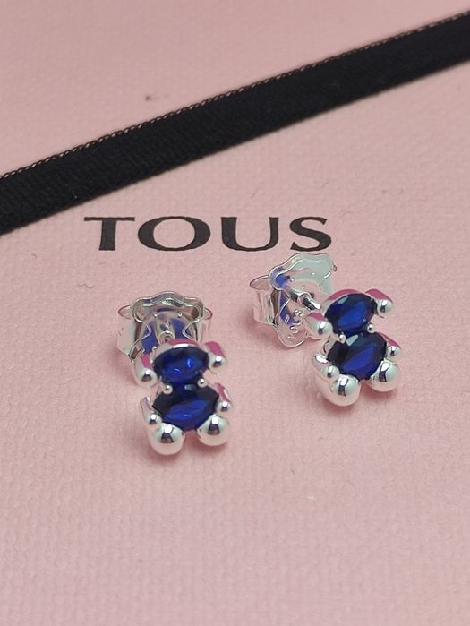 Kolczyki z misiem 8 mm srebro 925 z niebieskim szafirem