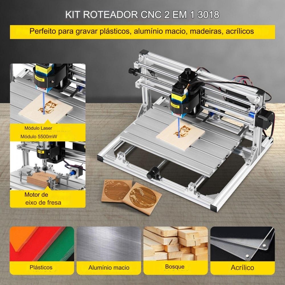 Kit de Roteador CNC de 3 Eixos 3018 com Laser 5500mW