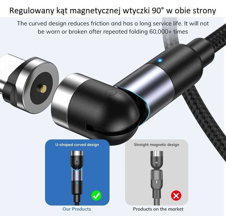 Kabel Przewód USB typ C Micro iPhone Magnetyczny 2mb
