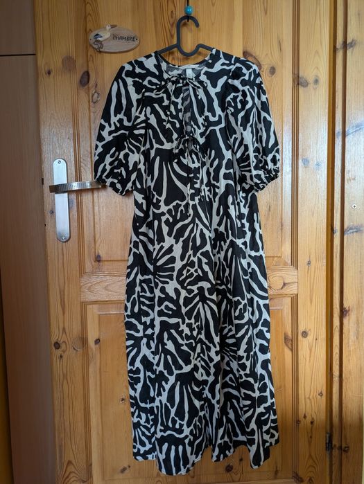 Letnia sukienka maksi długa wiązania kokardki wzór len bawełna XS S