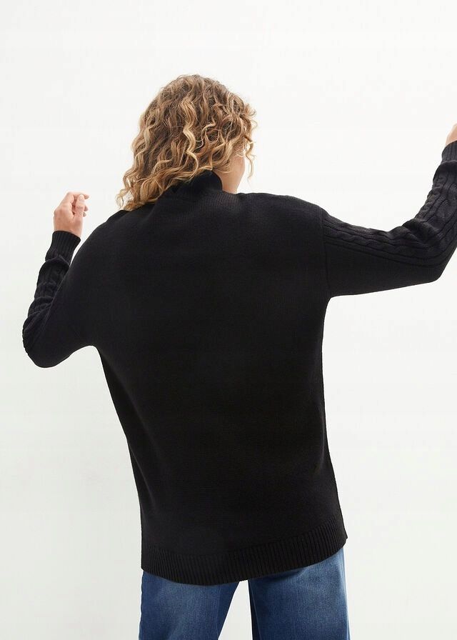 B.P.C sweter czarny dłuższy z warkoczami i stójką 40/42.