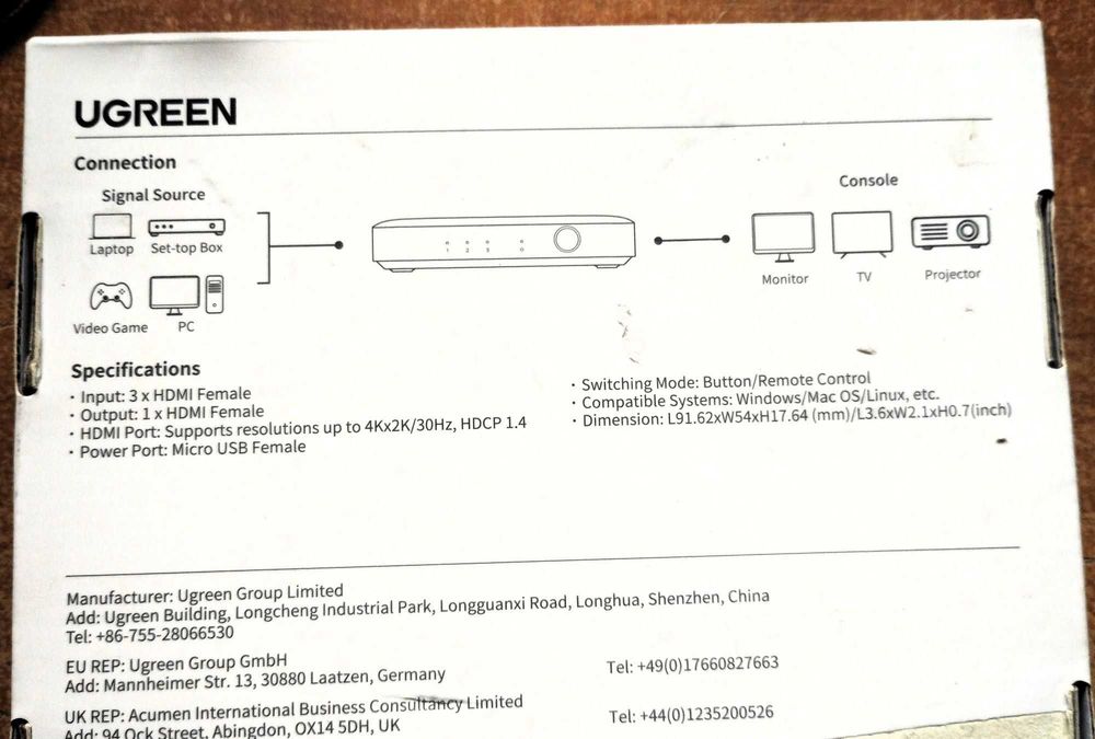 Przełącznik Switch UGREEN CM332 3w1 HDMI 1.4 4K 30 Hz pilot