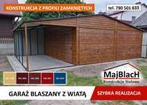 Ładny Garaż Blaszany z zadaszeniem bocznym, Garaże Blaszane -Maj-Blach
