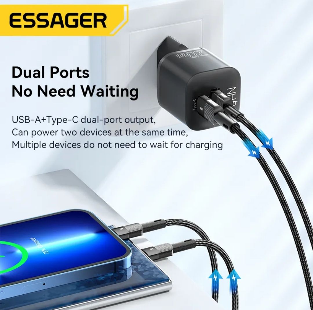 Зарядний пристрій Essager 20W GaN Charger USB A + Type C EU