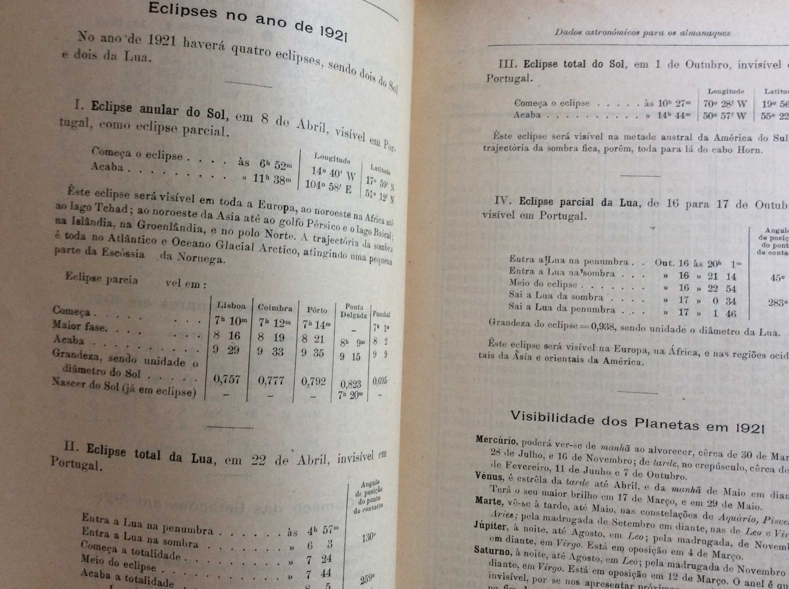 Dados astronómicos para os almanaq. de 1921 para Portugal. Ver índice
