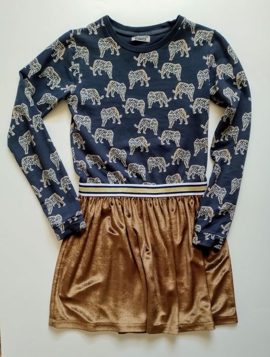 Sukienka długi rękaw 5.10.15 złote słonie r.146