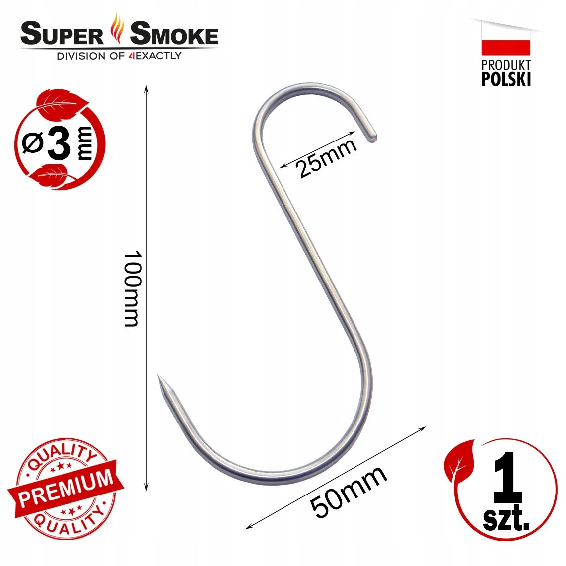 Hak Wędzarniczy Super Smoke typu "S" do mięs i wędlin 3mm 10cm Premium